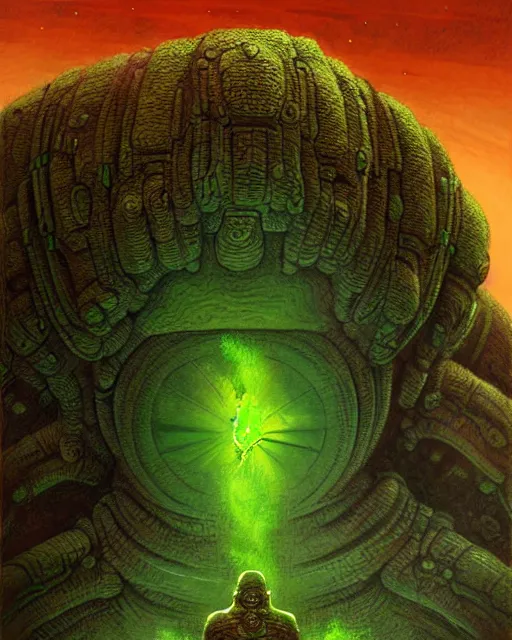 Image similar to portrait giant green humanoid with his fist up, brown armor, background ancient alien landscape, low angle, close up, concept art, intricate details, highly detailed, sci - fi poster, future, sci - fi art, in the style of chris foss, rodger dean, moebius, michael whelan, and gustave dore