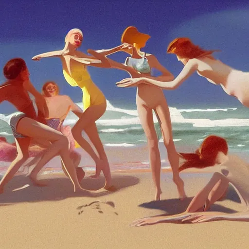 Prompt: A beautiful digital art of a group of people on a beach. The colors are muted and the overall tone is serene. The people are all engaged in different activities, from reading to playing games, and the artwork seems to be capturing a moment of peace and relaxation. pale yellow by Rolf Armstrong haunting, composed