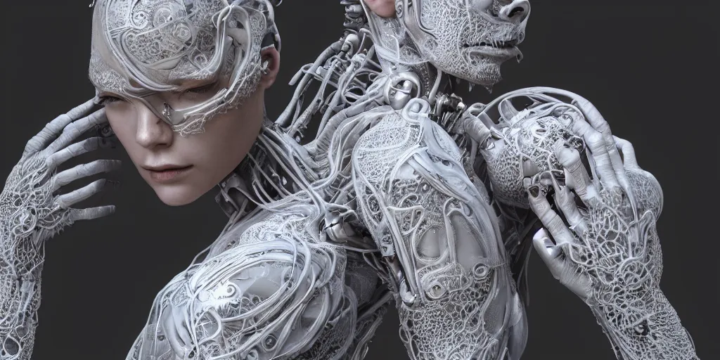 Image similar to hyper realistic photography of a beautiful cyborg female, intimate holding close, in the style of beth cavener, jin kagetsu, wlop, westworld, highly detailed, intricate filigree, symmetry, masterpiece, concept art, highkey lighting, ambient lighting, octane render, 8 k, artstation