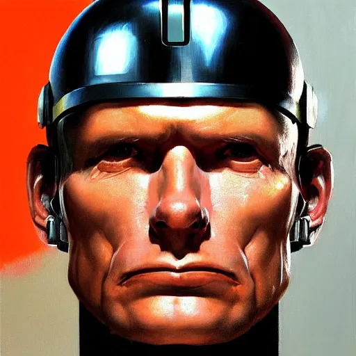 Image similar to greg manchess portrait painting of peter weller combined with the robocop as overwatch character, 8 0 ies aesthetic, medium shot, asymmetrical, profile picture, organic painting, sunny day, matte painting, bold shapes, hard edges, street art, trending on artstation, by huang guangjian and gil elvgren and sachin teng