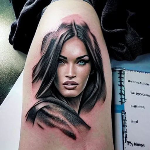 Image similar to double exposure tattoo sketch of megan fox with beautiful mountain scenery, hyper - realistic, in the style of den yakovelev, amazing detail, sharp