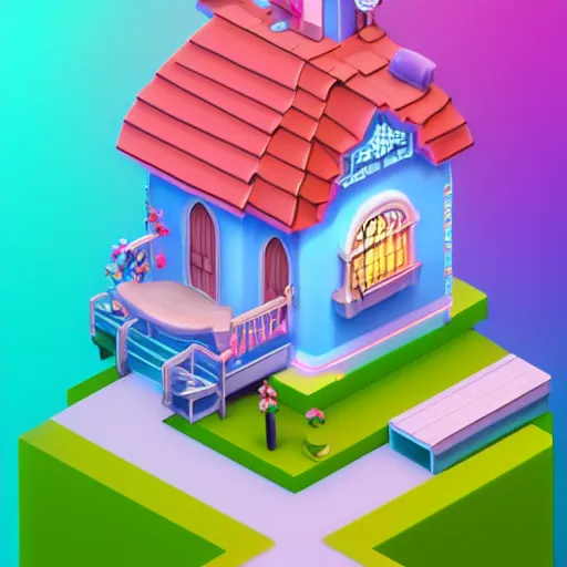 Image similar to Isometric 3D Fantasy Cute House, very realistic, no background, 3D character, very colourful, cinematic lighting, soft neon, CGI render, trending on Behance