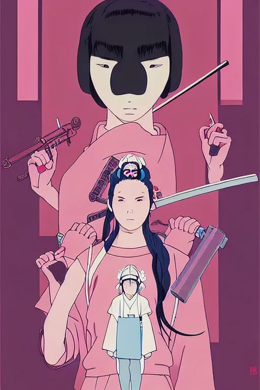 Image similar to Artwork by James Jean, Phil noto and studio ghibli ; (1) a young Japanese future samurai police lady named Yoshimi battles an (1) enormous evil natured carnivorous pink robot on the streets of Tokyo; Japanese shops and neon signage; crowds of people running; Art work by Phil noto and James Jean