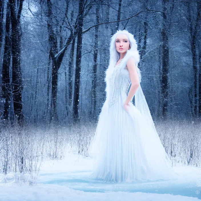 Prompt: photograph of a real-life beautiful ice queen with intricate white dress sitting in an ethereal snowy landscape. Extremely detailed. 8k