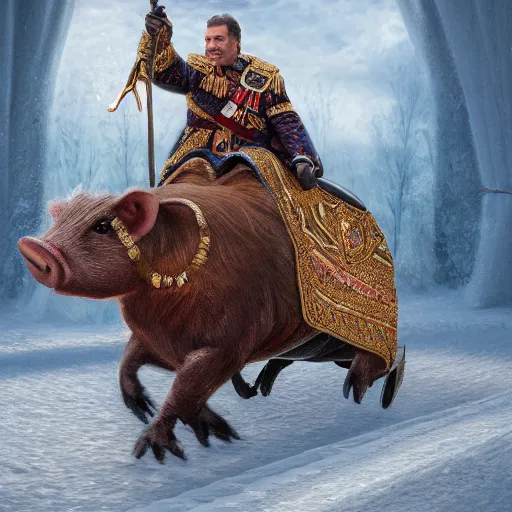 Prompt: an extremely realistic portrait depicting the coronation of viktor orban dressed in royal national costume, riding a hog on the frozen danube, close up, intricate, elegant, highly detailed, digital painting, artstation, concept art, smooth, sharp focus, illustration,