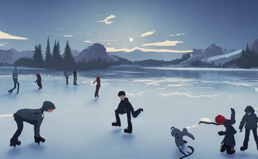 Image similar to ice skating on a frozen lake scene illustration by atey ghailan and escher and edward hopper