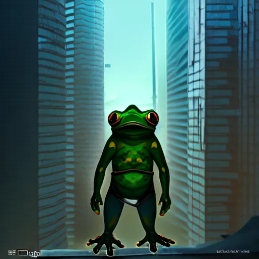 Image similar to A ninja frog with a big shuriken on its back standing at the top of a cyberpunk building, artstation, atmospheric, concept art, digital art