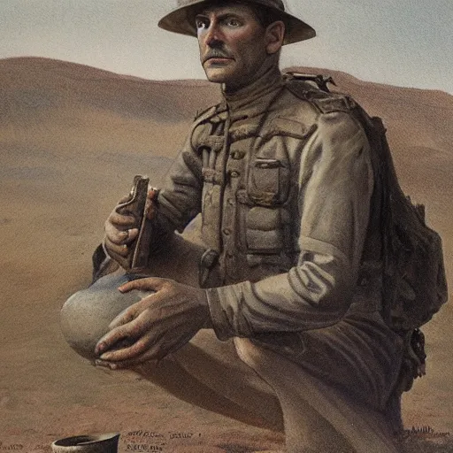 Image similar to a detailed photorealistic sepia - toned color portrait painting of a 1 9 1 7 worried clean - shaven british lieutenant in field gear in north arabia examining an ancient cylindrical clay jar, ultra realistic, intricate details, atmospheric, dark, horror, brooding, highly detailed, by clyde caldwell