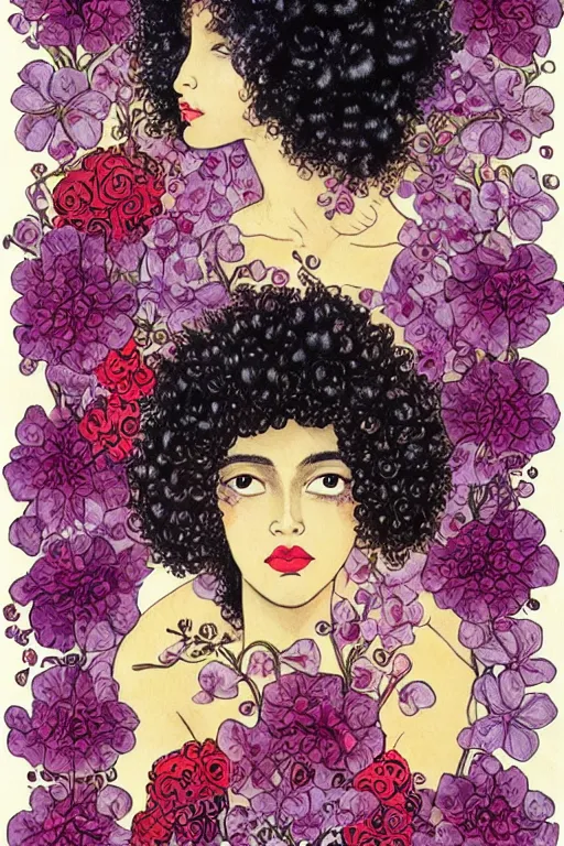 Image similar to realistic face of beautiful black woman with curly hair with red and purple flowers growing around, flower frame, detailed art by kay nielsen and walter crane, illustration style, watercolor