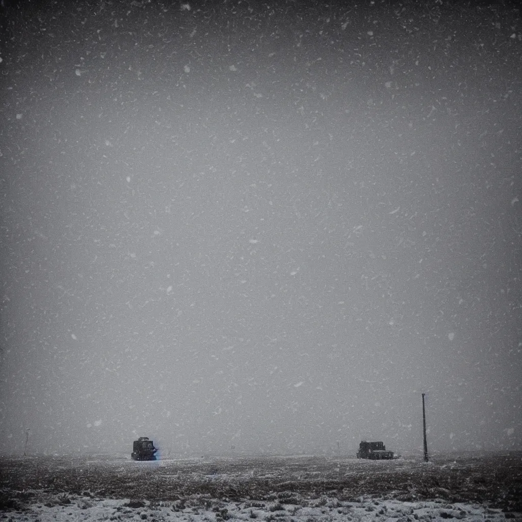 Prompt: photo of shiprock, new mexico during a snowstorm. a mark iv tank is in the distance, looking back over his shoulder. cold color temperature, snow storm. hazy atmosphere. humidity haze. kodak ektachrome, greenish expired film, award winning, low contrast,