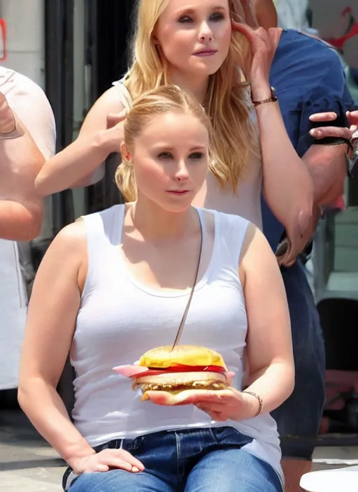 Image similar to chonky chubby kristen bell sitting eating a hamburger with her belly sticking out of her shirt