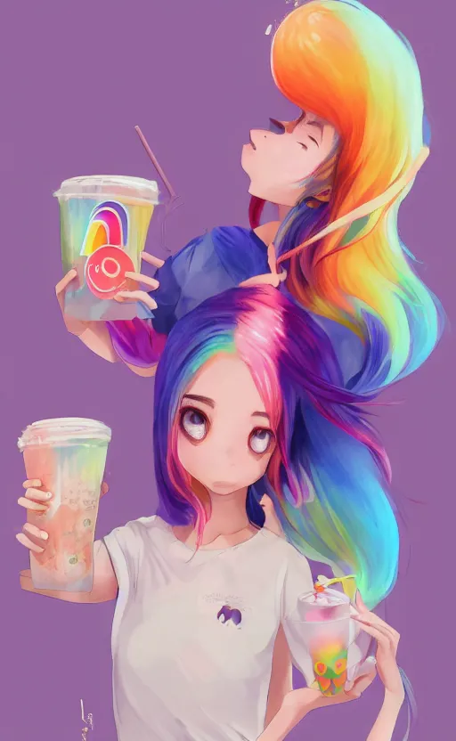 Image similar to a kawaii woman with rainbow hair, happy, summer time, holding boba tea drink, soft eyes and narrow chin, dainty figure, long hair straight down, kawaii shirt and jeans, basic white background, In style of by Jordan Grimmer and greg rutkowski, crisp lines and color