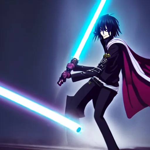 Image similar to eccentric Lelouch Lamperouge holding a lightsaber, mysterious man, octane 8k, beautiful scenery, aesthetic cyberpunk