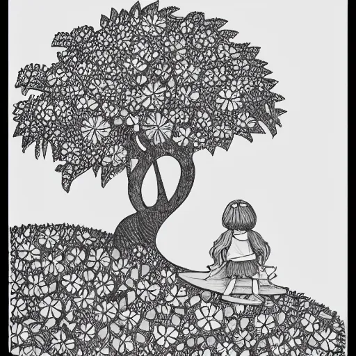 Image similar to a beautiful pencil on paper line illustration of a little girl and her dragon sitting on a hill, watching the sunset. Intricated details, flowers, trees, beautiful line work