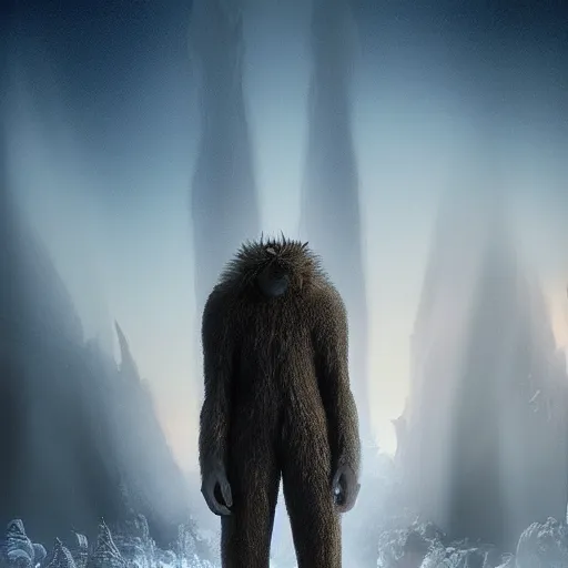 Image similar to standing photorealistic detailed tall skinny humanoid creature with fur, extremly detailed, 8 k, realistic, sharp focus, cosmic horror creature, cosmic horror, from the movie the thing