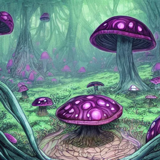 Image similar to concept art painting of a interior of a circular alien fairytale fantasy fungus house inside of a mushroom, with black vines, realistic, detailed, cel shaded, magenta and gray, dark, in the style of makoto shinkai and greg rutkowski and james gurney