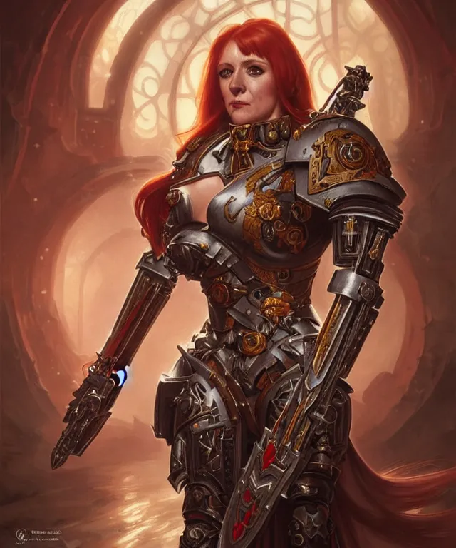 Prompt: Angela Rayner as a Warhammer 40k Battle Sister, portrait, fantasy, intricate, elegant, highly detailed, digital painting, artstation, concept art, smooth, sharp focus, illustration, art by artgerm and greg rutkowski and alphonse mucha