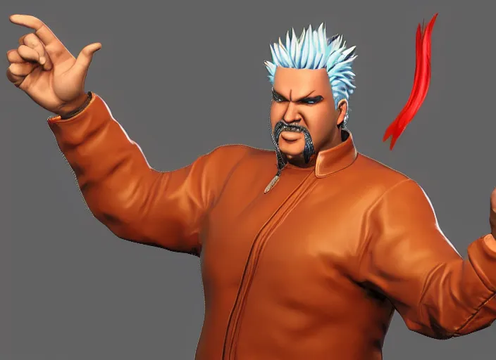 Image similar to 3 d model of guy fieri character in fighting game, stylized 3 d graphics, hdr, ultra graphics, ray tracing, 4 k image