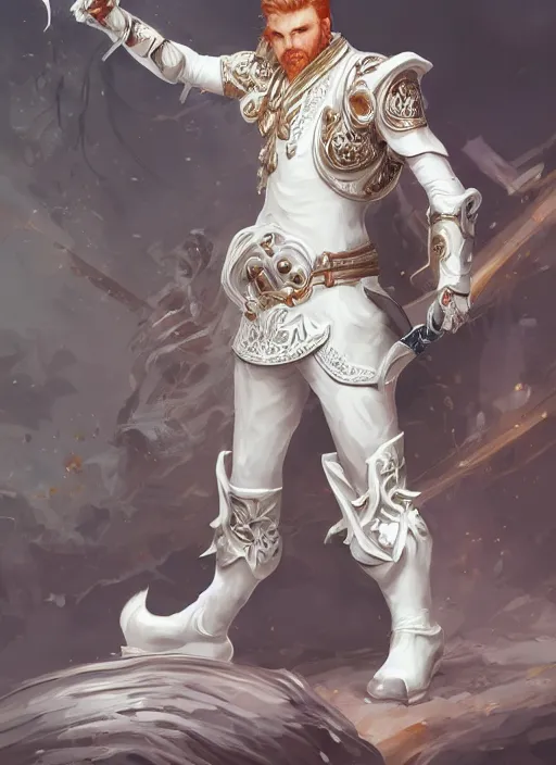 Prompt: a highly detailed illustration of short ginger haired man wearing white suit, heroic wielding ornate mechanical cane pose, intricate, elegant, highly detailed, centered, digital painting, artstation, concept art, smooth, sharp focus, league of legends concept art, WLOP