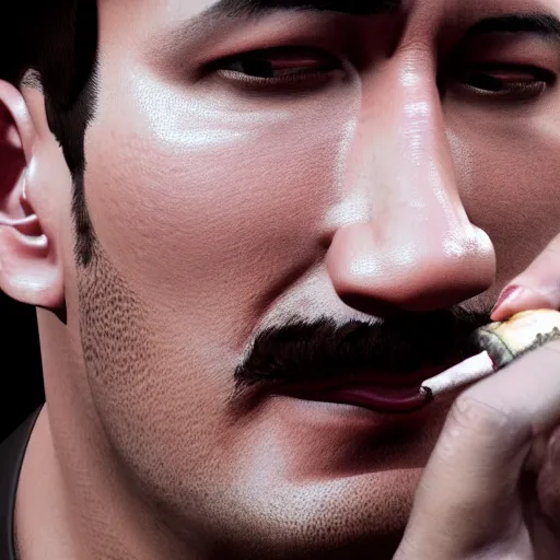 Image similar to a closeup photo of handsome gigachad markiplier smoking a cigar, 8k photorealism, extremly detailed, trending on artstation