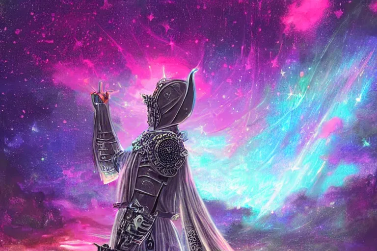 Image similar to digital art of a spiritual medieval knight looking up at the stars, acrylic art, universe, painting, pastel colors, synthwave, retro, cyberpunk,