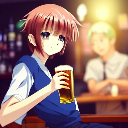 Image similar to Wholesome and masculine looking anime girl at a bar drinking a beer, warm glow from the lights, angle that looks up at her from below, deviantart, pixiv, detailed face, smug appearance, beautiful anime, detailed anime eyes with pupils, in the style of 90s anime, heavy focus on 90s and early 2000s style of anime, Sailor Moon style