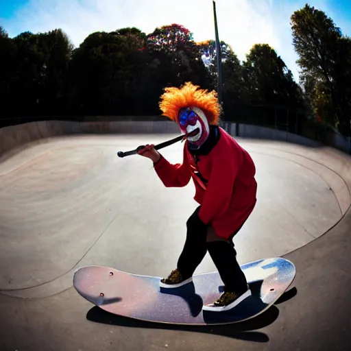 Prompt: a clown smoking a cigarette while skateboarding at a skate park on a sunny sunday morning, award winning photography, fisheye lens, detailed eyes, sports photography,