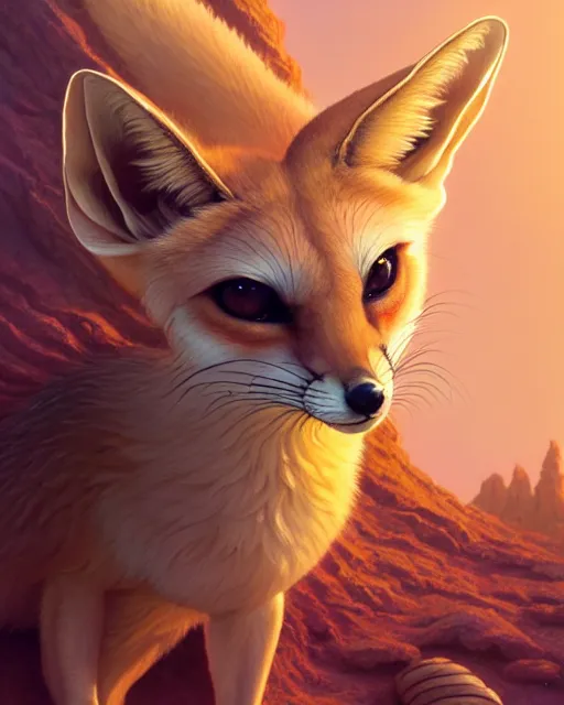 Image similar to highly detailed surreal vfx portrait of a sacred fennec fox, stephen bliss, unreal engine, greg rutkowski, loish, rhads, beeple, makoto shinkai and lois van baarle, ilya kuvshinov, rossdraws, tom bagshaw, alphonse mucha, global illumination, detailed and intricate environment