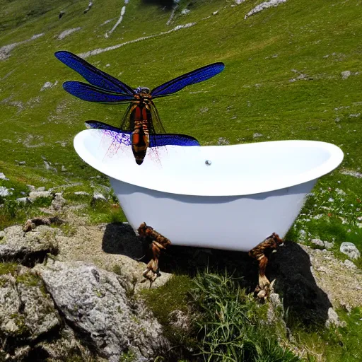 Image similar to dragonfly in a bathtub in the alps, goats!!! in background