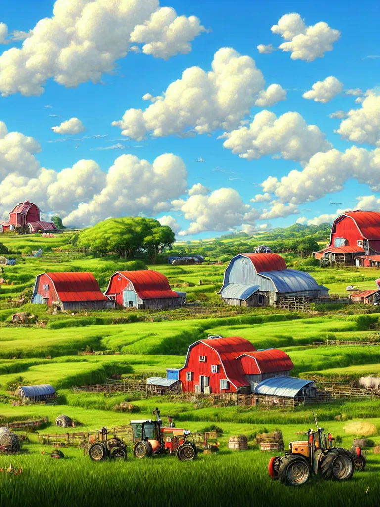 Image similar to wide view of a farm ,nice clouds, godray, fantasy, intricate, richly detailed colored 3D illustration of a beautiful ornated happy farm with background with completely rendered reflections, art by Range Murata and Artgerm highly detailed, digital painting, trending on artstation, sharp focus, D&D, illustration, style of Stanley Artgerm, perfect smile vogue, awards, model,