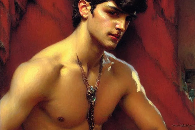 Image similar to attractive male, hinduism, painting by gaston bussiere, greg rutkowski, j. c. leyendecker