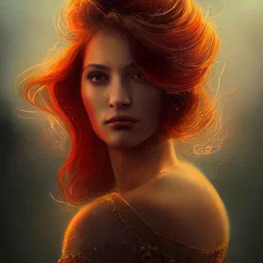 Image similar to masterpiece portrait of an aesthetic beautiful realistic fire mage woman, 3 0 years old woman, hair with lighter colorful strands, wearing a thin golden diadem with ruby inlays, digital painting by wlop and by joachim bergauer, cinematic lights, atmospheric effects and fog in the background, 8 k, octane render, artstation, deviantart, instagram