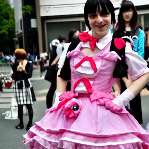 Prompt: martin shkreli in kawaii maid dress at harajuku tokyo street fashion event, photo from vogue magazine