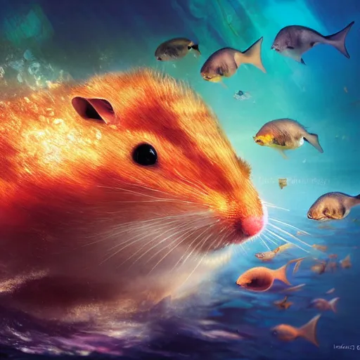 Prompt: colossal hamster in the waters by raymond swanland, swimming like a shark, with little ocean cities under it, vibrant colours, 4 k image, bubble cities in the water with bright city lights, deep waters, ocean