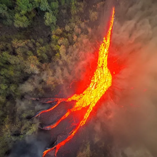 Image similar to candid photograph of a dragon bathing in lava, active volcano, drone photography, 8k