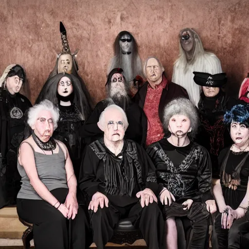 Image similar to an old age home for geriatric satan goths. photograph group portrait.