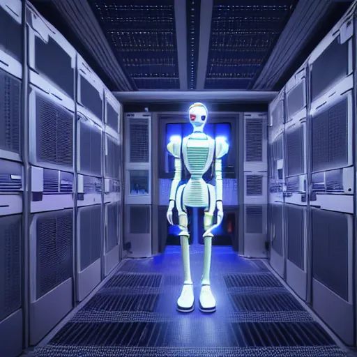 Image similar to hyperrealism stock photo of highly detailed stylish humanoid robot in futuristic sci - fi style by gragory crewdson and vincent di fate in the highly detailed data center by mike winkelmann and laurie greasley rendered in blender and octane render