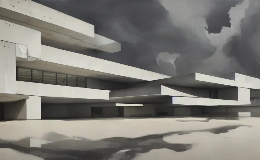 Image similar to painting of exterior shot of a white concerete brutalist house architecture with big pools designed by zaha hadid and peter zumthor by darek zabrocki, greg ruthkowski, cinematic and cold atmospheric, archillect concept art, artstation, trending on artstation