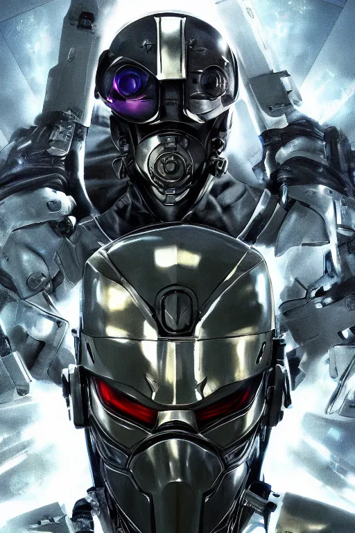 Image similar to cyber cyborg ninja mask helmet metal gear solid artic suit swat commando, global illumination ray tracing hdr fanart arstation by sung choi and eric pfeiffer and gabriel garza and casper konefal, a spectacular view cinematic rays of sunlight comic book illustration, by john kirby