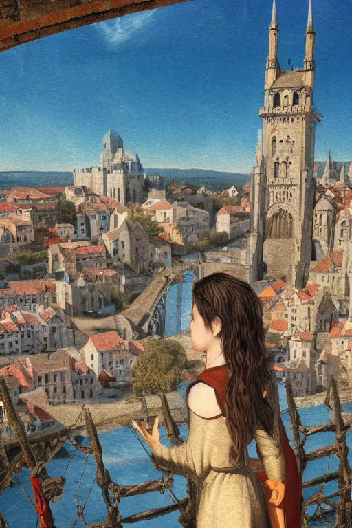 Image similar to a beautiful picture of overlook of medieval city, a girl stands on top of a bridge, detailed, 8 k