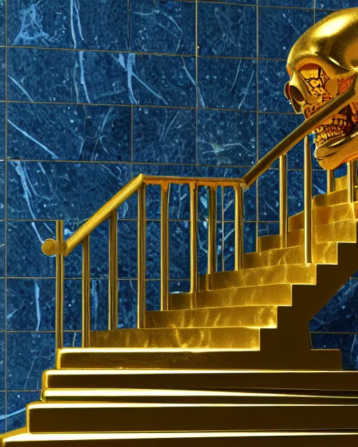 Image similar to scientifically realistic render scifi gold staircase to royal temple carved out of marble skeleton and blue gems and cyan crystal rendered in octane