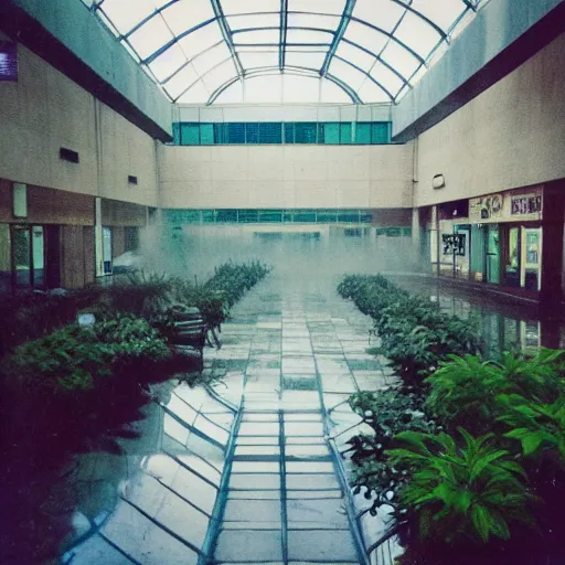 Image similar to Beautiful cameraphone 2000s, soft liminal Photograph of foggy abandoned mall with water on the floor plants growing