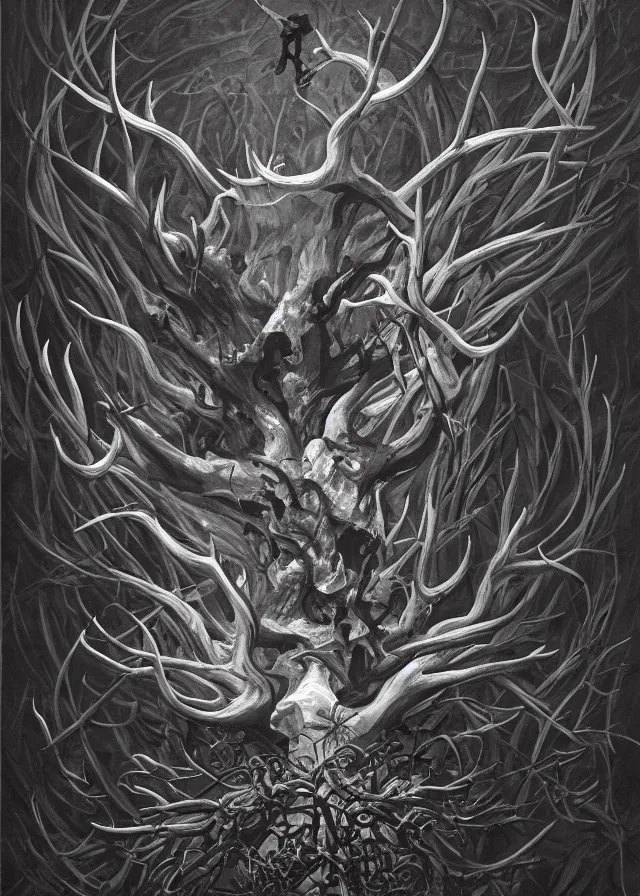 Prompt: a highly detailed painting of an open vortex with massive energy coming out framed by massive bone thorn vines and stone antlers with a small mysterious figure in the center levitating in midair with arms outstretched, ominous, foreboding, dark, trending on artstation,