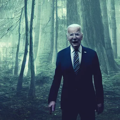 Image similar to joe biden as slenderman in forest, creepy joe biden, tall trees, night, creepy, horror, movie still, cinematic lighting, ray tracing, octane render, long lens, shallow depth of field, bokeh, anamorphic lens flare, 8 k, hyper detailed, 3 5 mm film grain