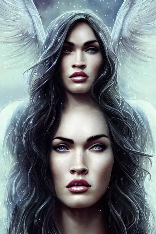 Prompt: majestic and regal portrait of megan fox female white raven, dc universe, perfect face, beautiful, intricate, epic, elegant, fantasy, highly detailed, digital painting, hard focus, beautiful volumetric lighting, epic light, ultra detailed, by leesha hannigan, ross tran, thierry doizon, kai carpenter, ignacio fernandez rios