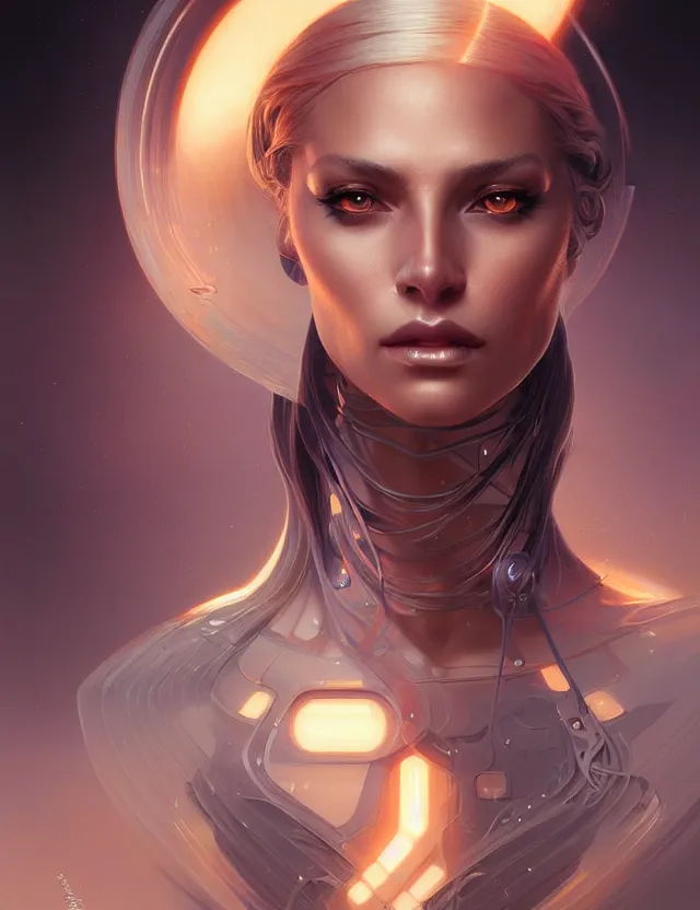 Image similar to futuristic woman portrait, sci-fi, amber eyes, face, long hair, fantasy, intricate, elegant, highly detailed, digital painting, artstation, concept art, smooth, sharp focus, illustration, art by artgerm and greg rutkowski and alphonse mucha