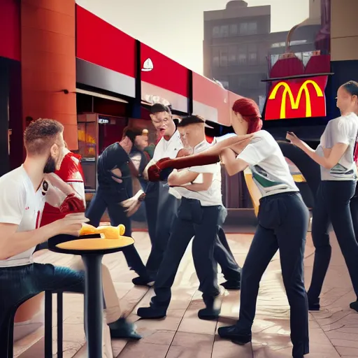 Prompt: macdonalds restaurant staff fighting with kfc restaurant staff, hyper real, 8 k, octane render, vivid, bright, photo realistic, city street, riot