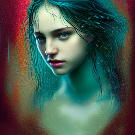 Image similar to girl in rain with wet hair and face, teal, fantasy, intricate, elegant, dramatic lighting, emotionally evoking symbolic metaphor, highly detailed, lifelike, photorealistic, digital painting, artstation, concept art, smooth, sharp focus, illustration, art by John Collier and Albert Aublet and Krenz Cushart and Artem Demura and Alphonse Mucha