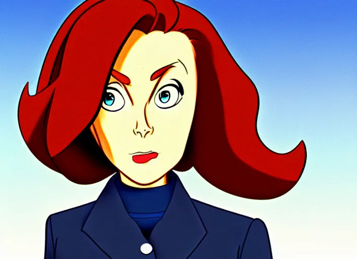 Image similar to a shaded animation cel of dana scully, sharp detail, realistic anatomy, in the style of western cartoons, by filmation, toei animation, studio trigger, studio ghibli, 5 k, artstation trending