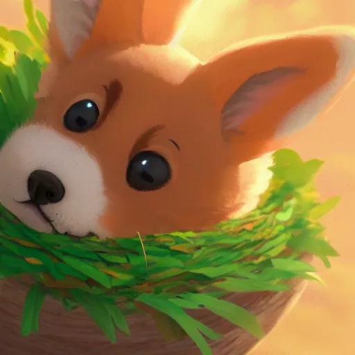 Prompt: concept art of a baby corgi hatching from an egg in a colorful nest, realistic, detailed, cel shaded, in the style of makoto shinkai and greg rutkowski and james gurney
